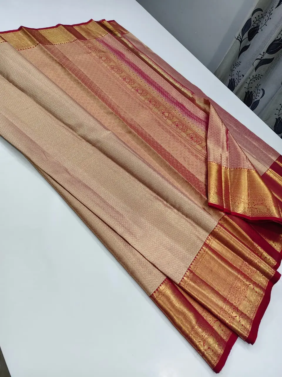 Champagne Gold Bridal Kanchipuram Silk Brocade Saree.